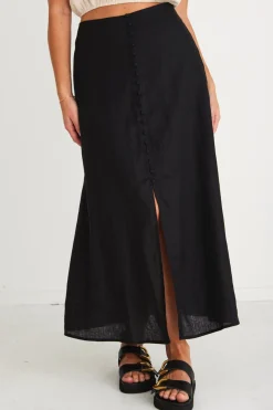 Among the Brave Mercy Black Linen Button Front Aline Skirt
