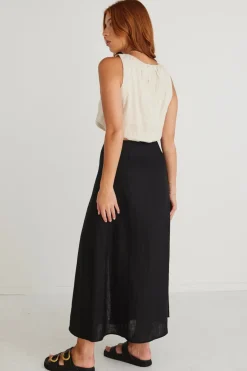 Among the Brave Mercy Black Linen Button Front Aline Skirt