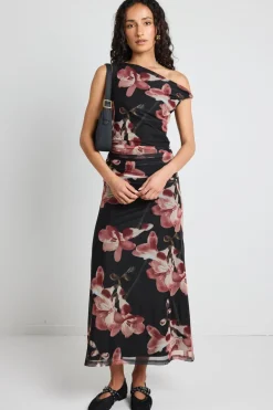 Among the Brave Method Blush Floral Mesh Twist Shoulder Midi Dress