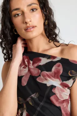 Among the Brave Method Blush Floral Mesh Twist Shoulder Midi Dress