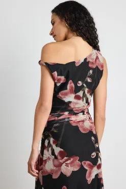 Among the Brave Method Blush Floral Mesh Twist Shoulder Midi Dress