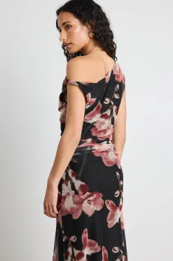 Among the Brave Method Blush Floral Mesh Twist Shoulder Midi Dress