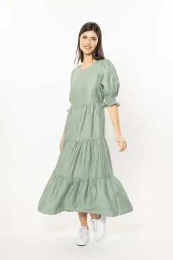 Leila + Luca Mia Sage Texture Blouson Sleeve Tiered Maxi Dress
