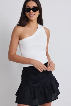 Stories be Told Milo Black Linen Rouched Tiered Mini Skirt
