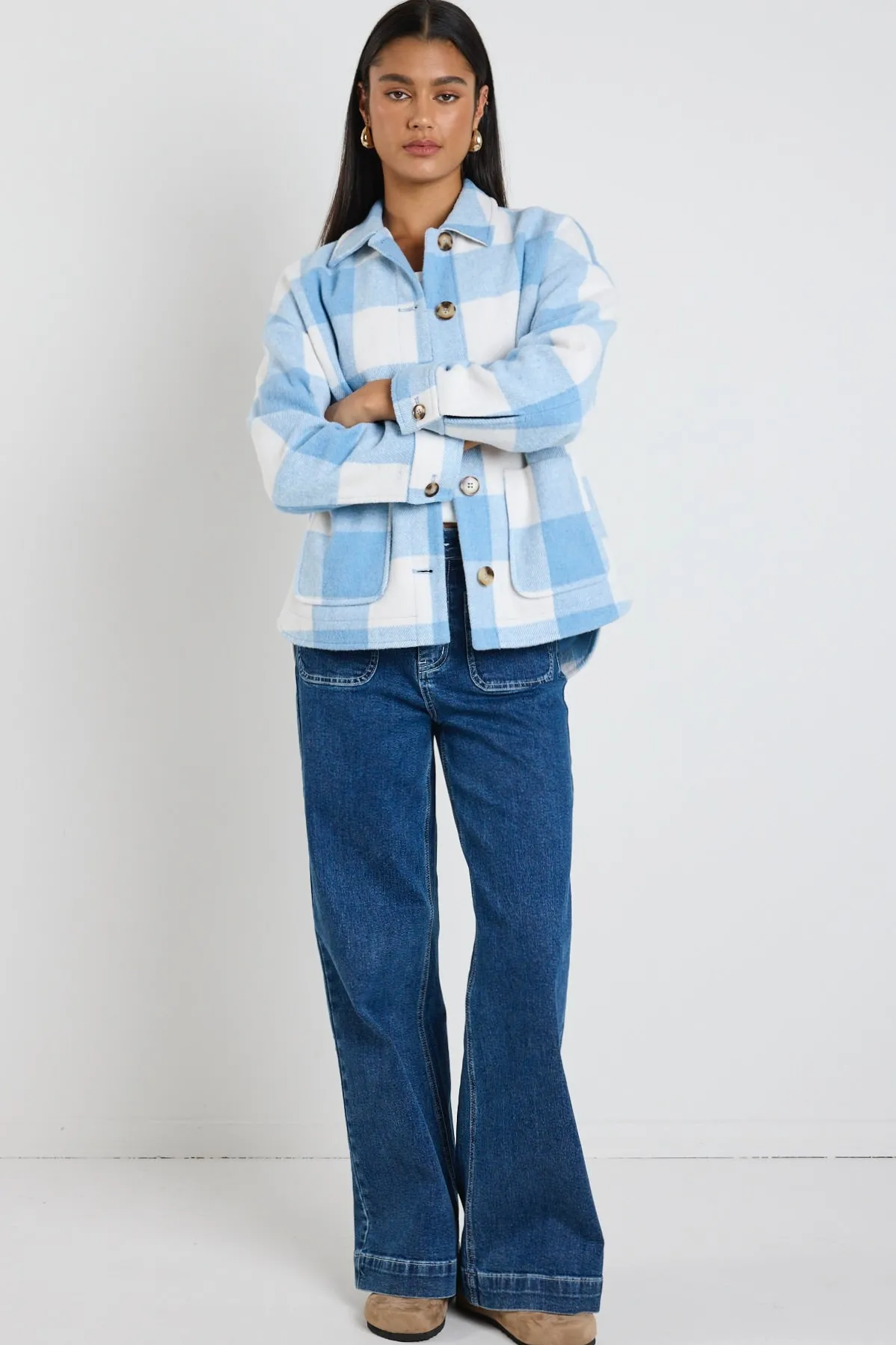 Among the Brave Mindful Blue Check Oversized Shacket