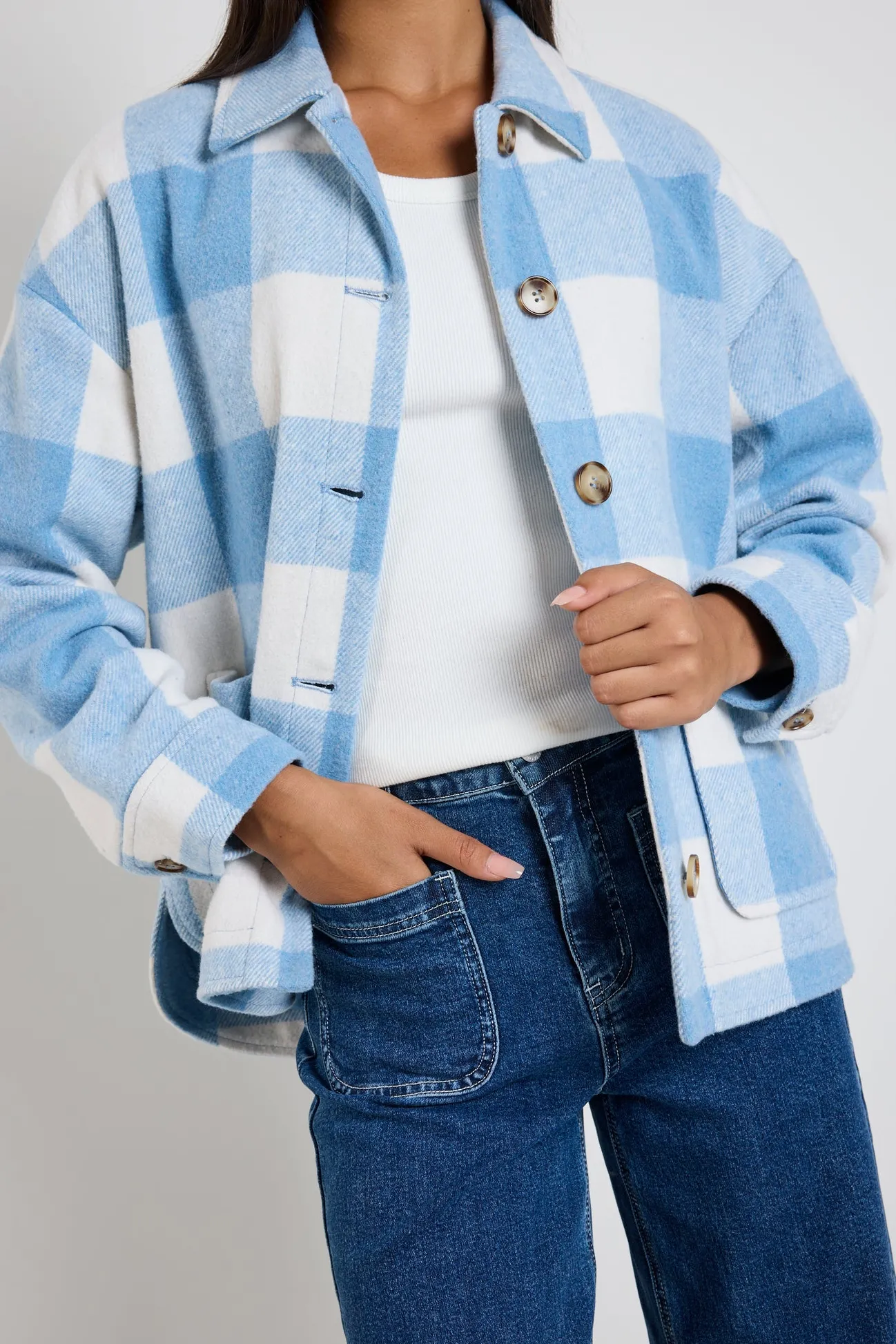 Among the Brave Mindful Blue Check Oversized Shacket