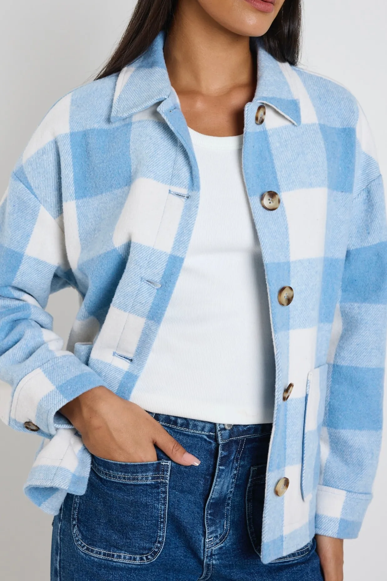 Among the Brave Mindful Blue Check Oversized Shacket