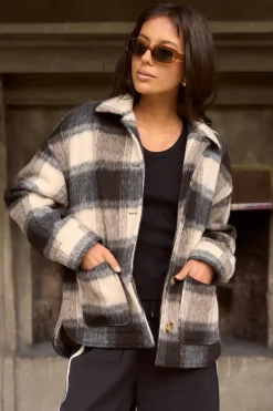 Among the Brave Mindful Charcoal Check Oversized Shacket