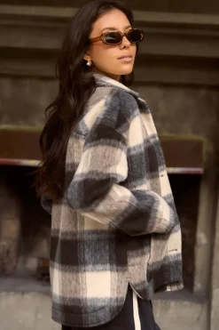 Among the Brave Mindful Charcoal Check Oversized Shacket