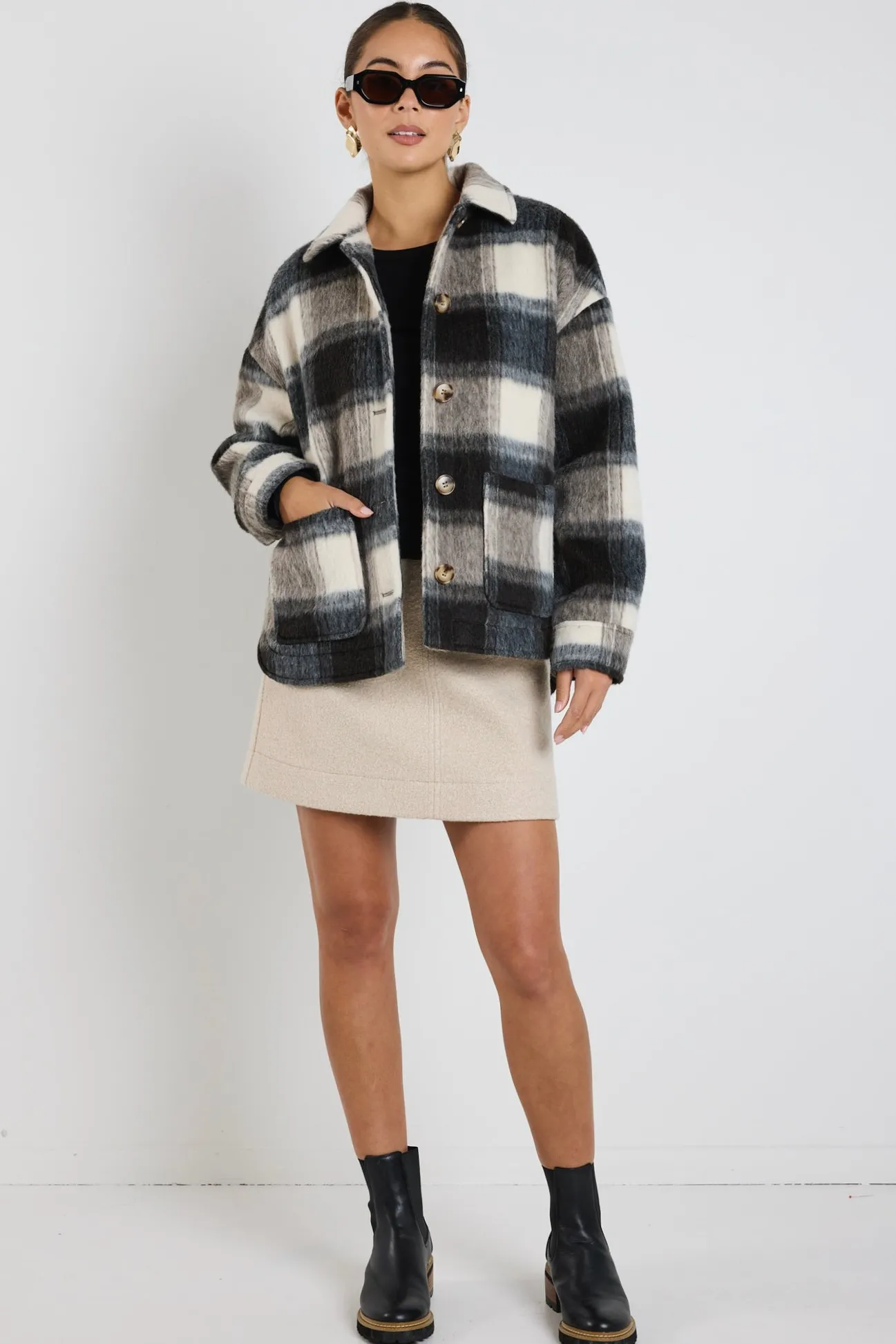 Among the Brave Mindful Charcoal Check Oversized Shacket