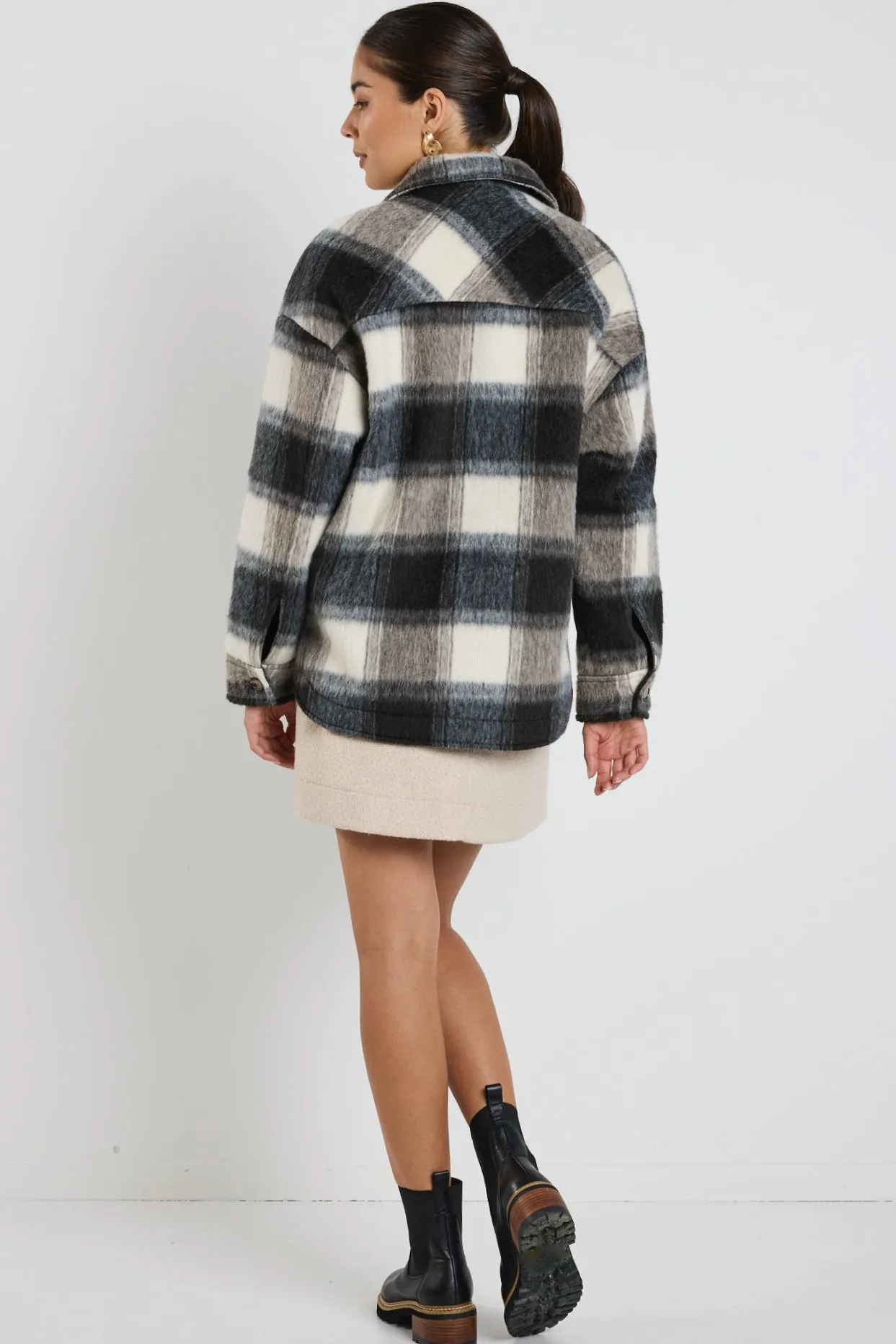 Among the Brave Mindful Charcoal Check Oversized Shacket