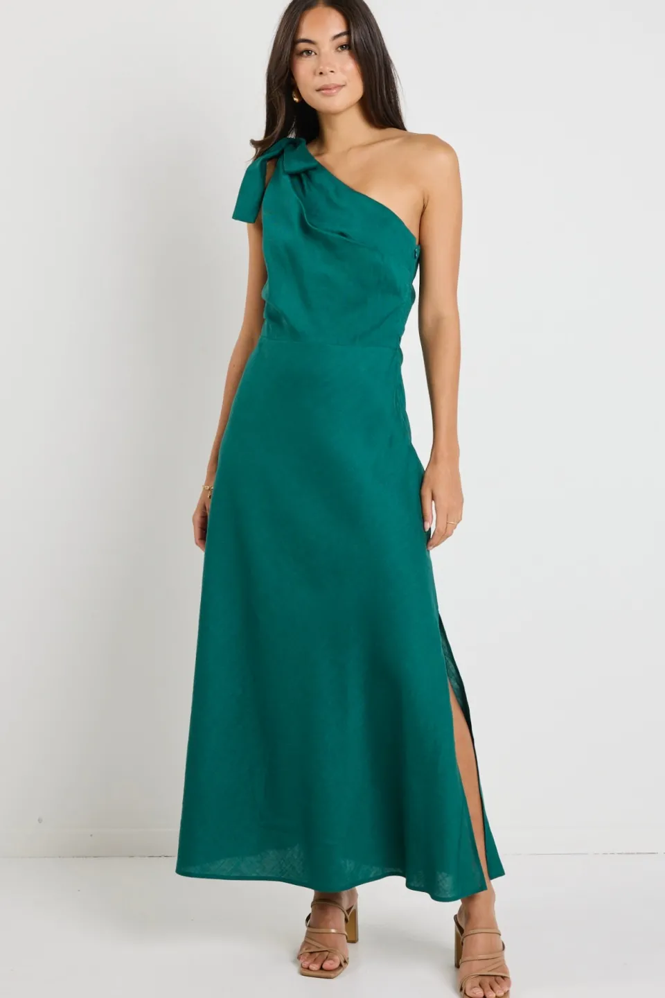 Georgia Mae Mirror Forest Linen Blend One Shoulder Bow Midi Dress