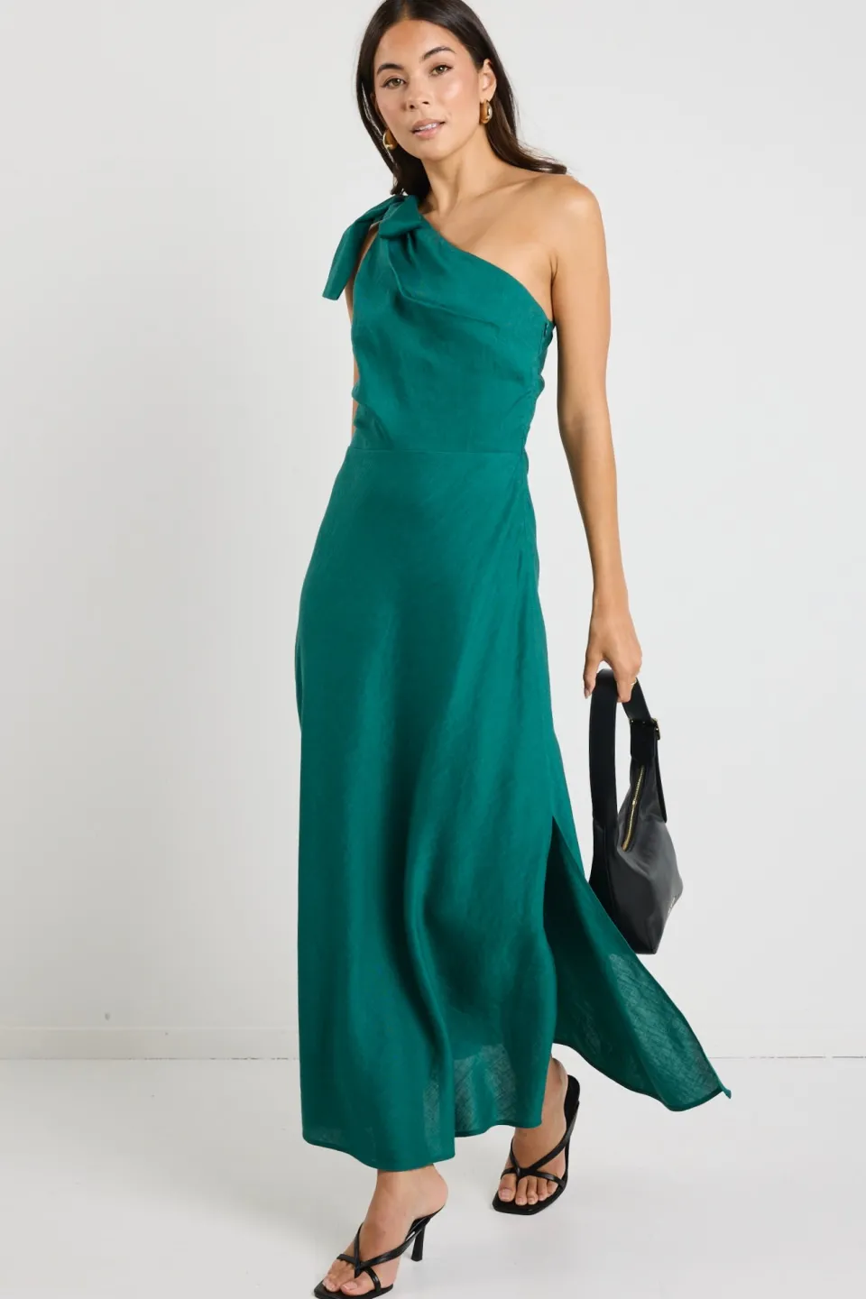 Georgia Mae Mirror Forest Linen Blend One Shoulder Bow Midi Dress