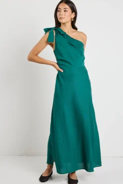 Georgia Mae Mirror Forest Linen Blend One Shoulder Bow Midi Dress