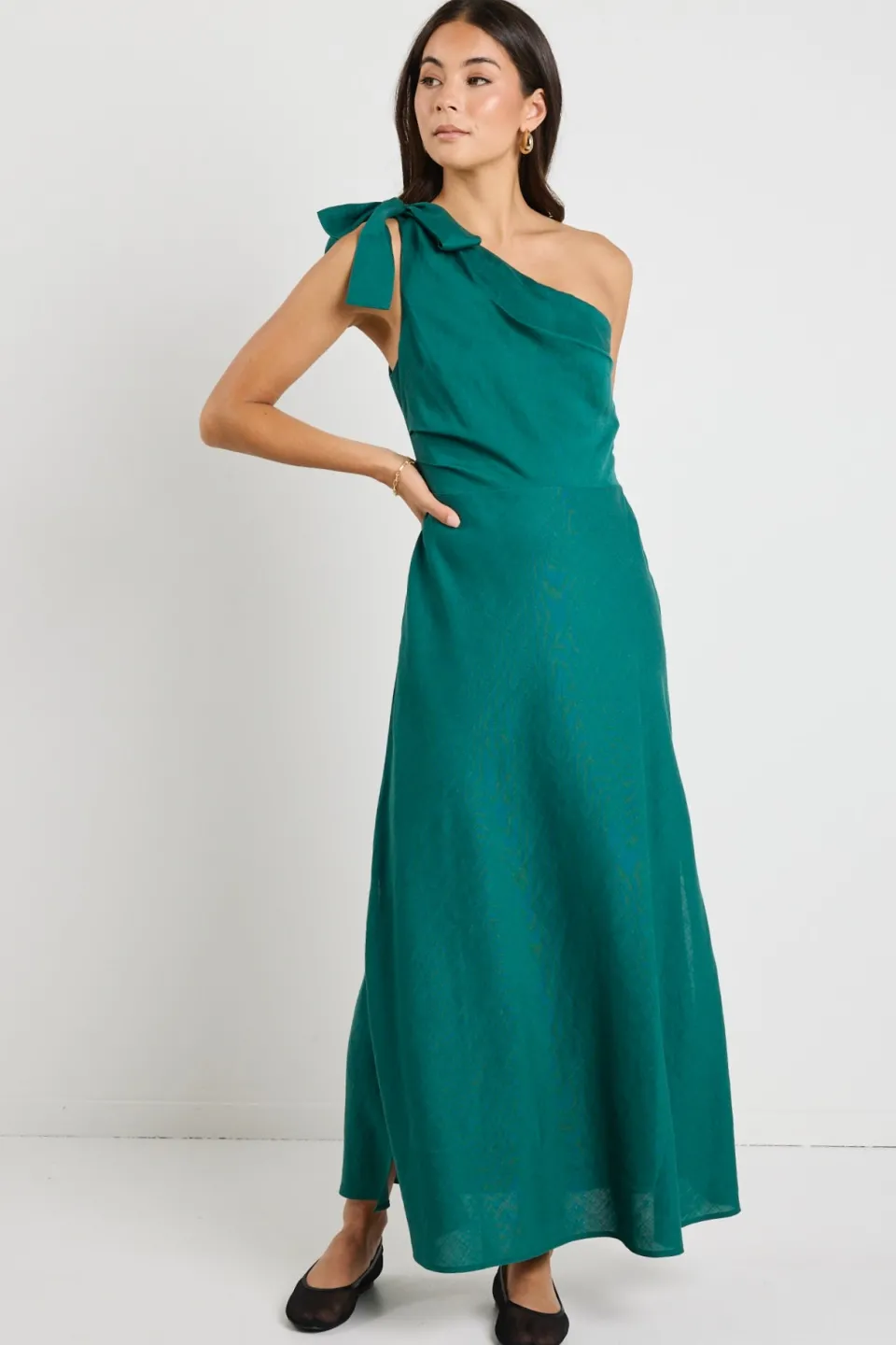 Georgia Mae Mirror Forest Linen Blend One Shoulder Bow Midi Dress