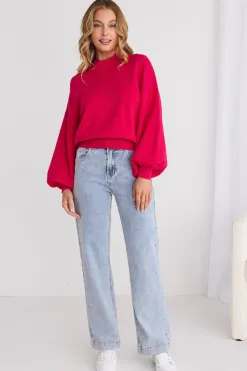 Ivy + Jack Motivation Raspberry Funnel Neck Fine Knit Jumper