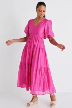 By Rosa. Musical Hot Pink Tie Back Puff Sleeve Maxi Dress