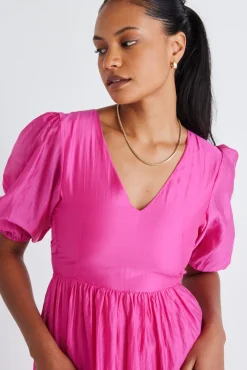 By Rosa. Musical Hot Pink Tie Back Puff Sleeve Maxi Dress