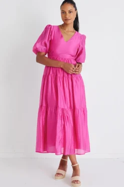 By Rosa. Musical Hot Pink Tie Back Puff Sleeve Maxi Dress