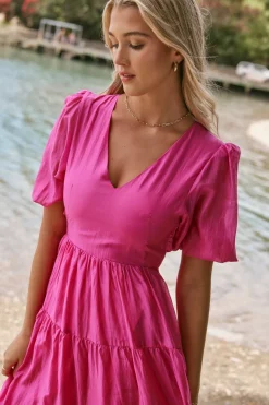 By Rosa. Musical Hot Pink Tie Back Puff Sleeve Maxi Dress