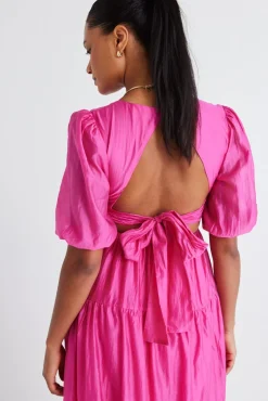 By Rosa. Musical Hot Pink Tie Back Puff Sleeve Maxi Dress
