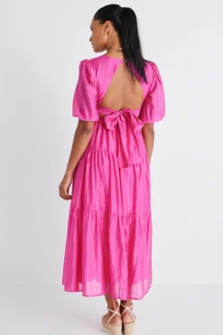 By Rosa. Musical Hot Pink Tie Back Puff Sleeve Maxi Dress