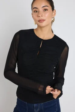 Among the Brave Network Black Mesh Keyhole LS Top