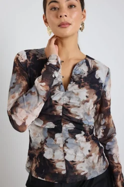 Among the Brave Network Sepia Floral Mesh Keyhole LS Top