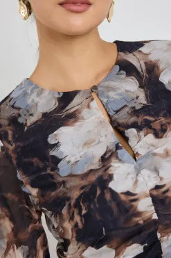 Among the Brave Network Sepia Floral Mesh Keyhole LS Top