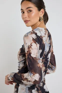 Among the Brave Network Sepia Floral Mesh Keyhole LS Top