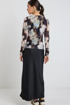 Among the Brave Network Sepia Floral Mesh Keyhole LS Top