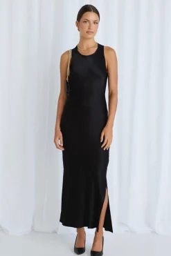 Stories be Told Noah Black Satin Scoop Neck Slip Dress
