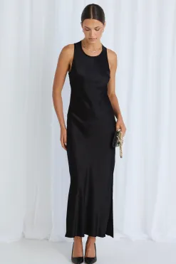 Stories be Told Noah Black Satin Scoop Neck Slip Dress