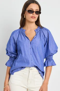 Ivy + Jack Noetic Dark Blue Stripe Short Sleeve Blouse
