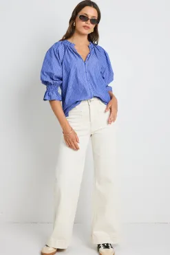 Ivy + Jack Noetic Dark Blue Stripe Short Sleeve Blouse