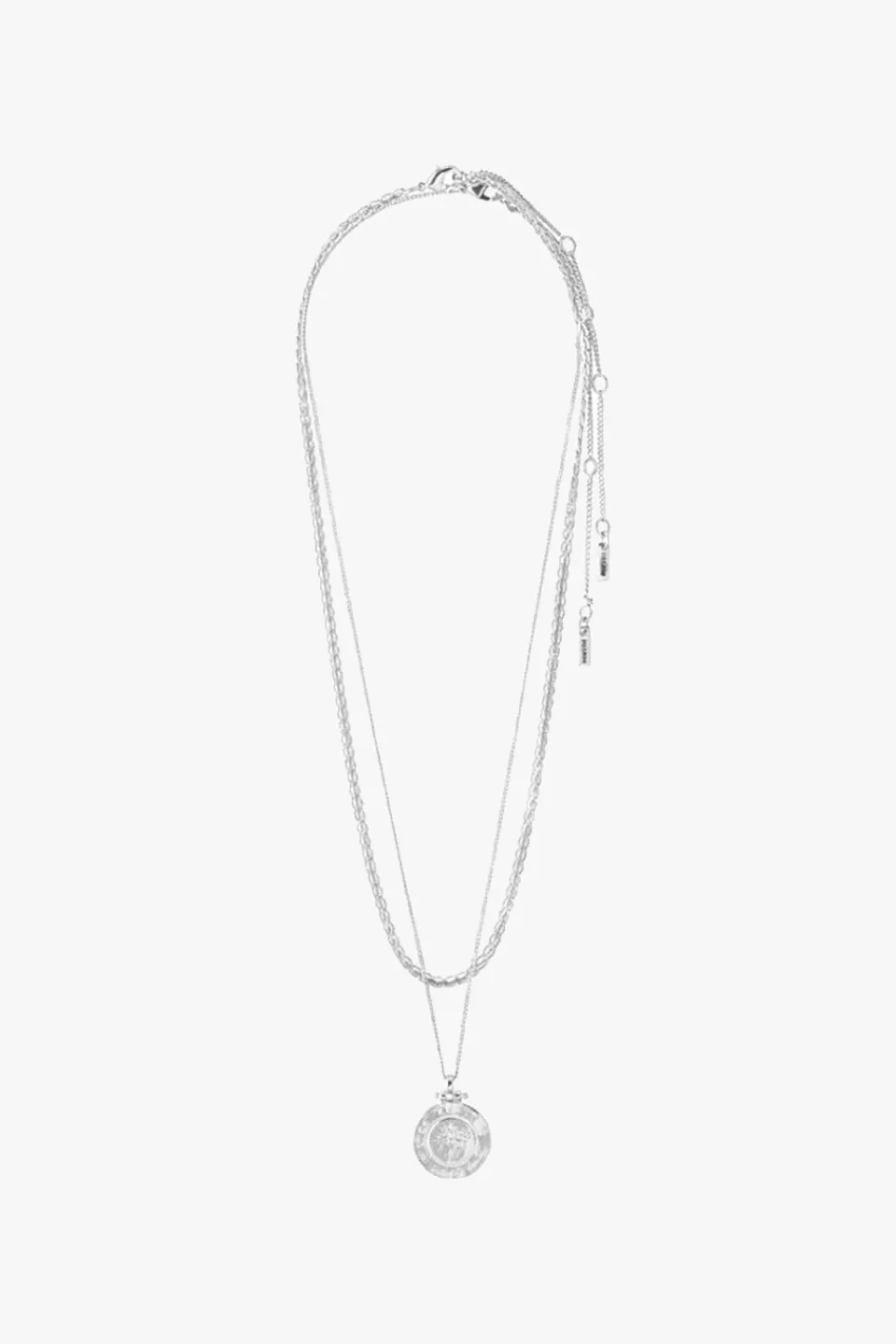 Pilgrim Nomad Double Chain Coin Pendant Necklace Silver