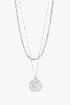 Pilgrim Nomad Double Chain Coin Pendant Necklace Silver