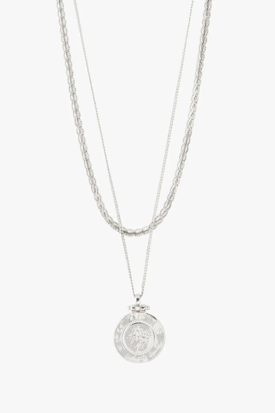 Pilgrim Nomad Double Chain Coin Pendant Necklace Silver