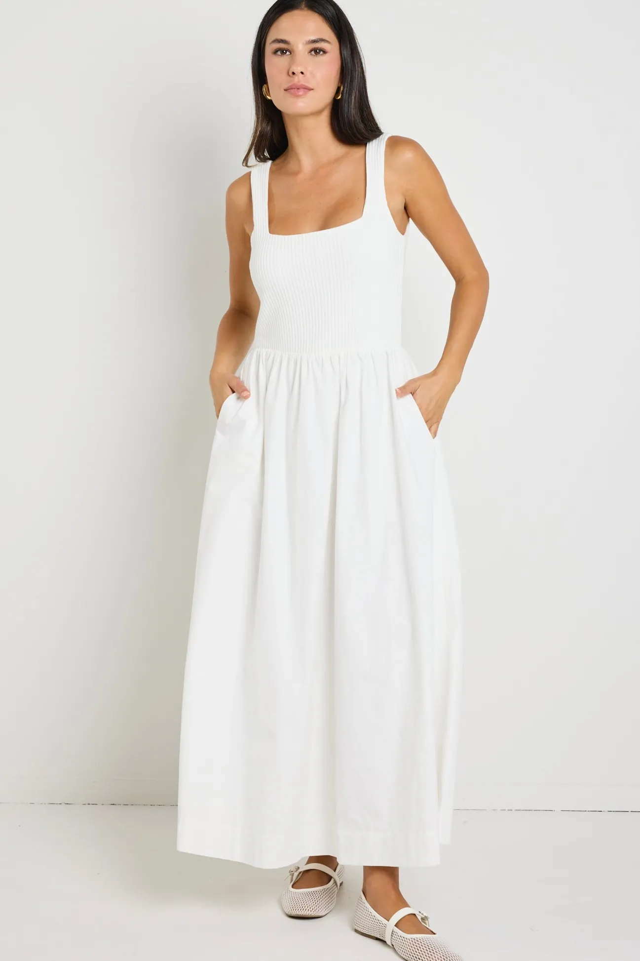 RE:UNION Label Obsidian Ivory Square Neck Contrast Midi Dress