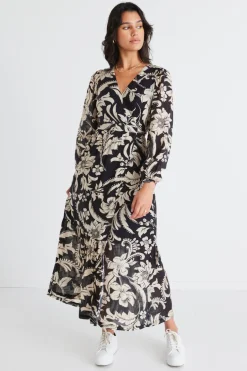 Among the Brave Ocean Black Cream Floral LS Wrap Dress