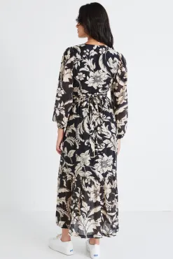 Among the Brave Ocean Black Cream Floral LS Wrap Dress