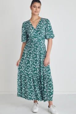 Among the Brave Ocean Green Ditsy Ss Wrap Midi Dress
