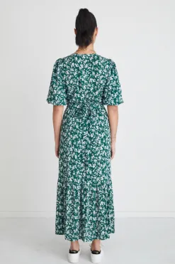 Among the Brave Ocean Green Ditsy Ss Wrap Midi Dress