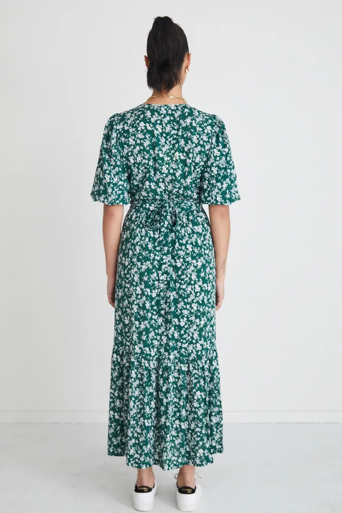 Among the Brave Ocean Green Ditsy Ss Wrap Midi Dress