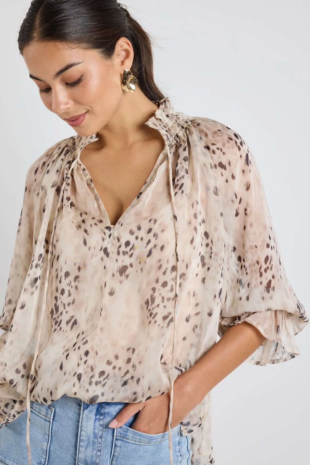 Among the Brave Odyssey Beige Leopard Georgette Shirred Neck LS Top