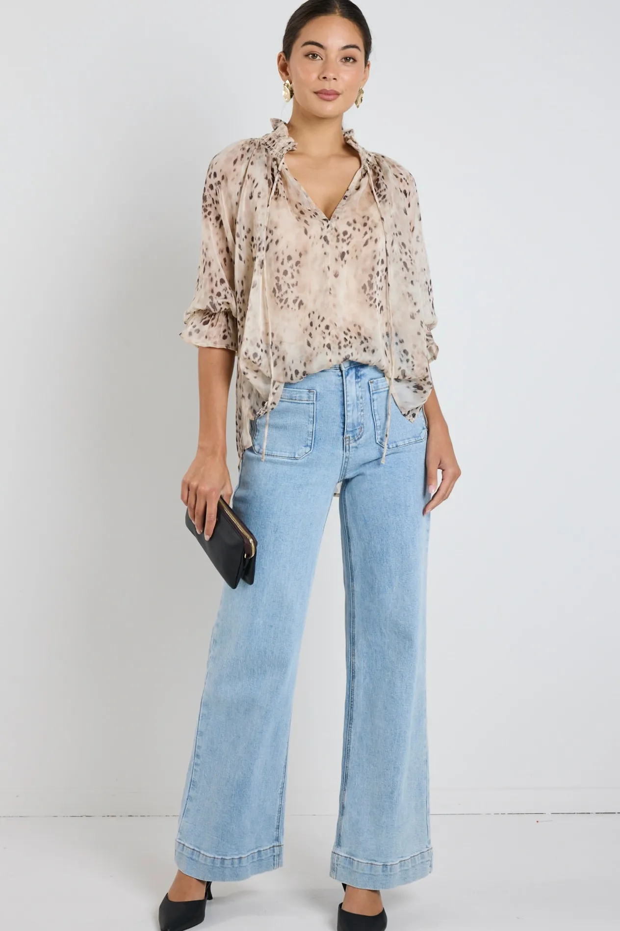 Among the Brave Odyssey Beige Leopard Georgette Shirred Neck LS Top