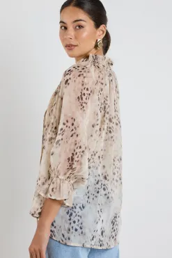 Among the Brave Odyssey Beige Leopard Georgette Shirred Neck LS Top