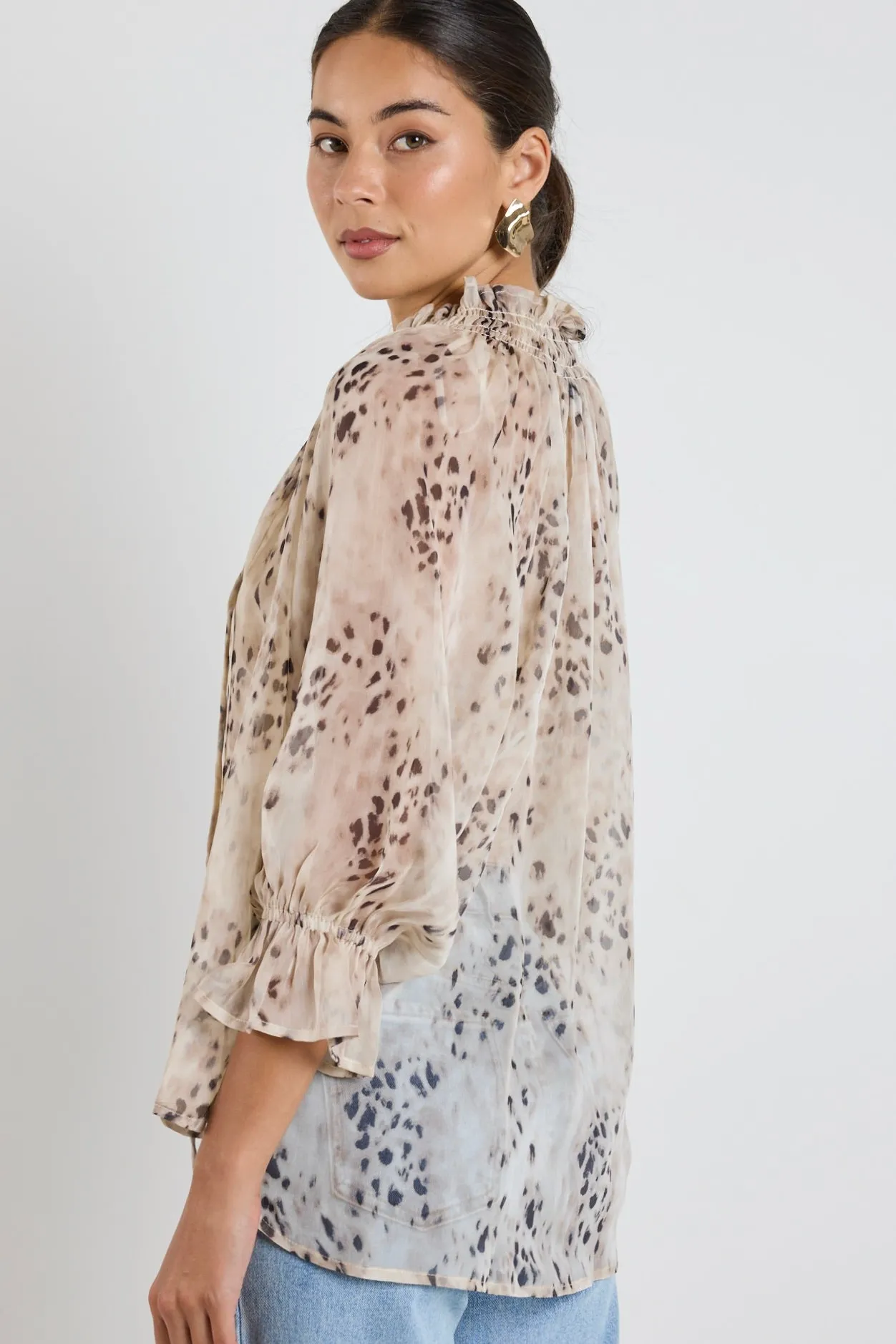 Among the Brave Odyssey Beige Leopard Georgette Shirred Neck LS Top