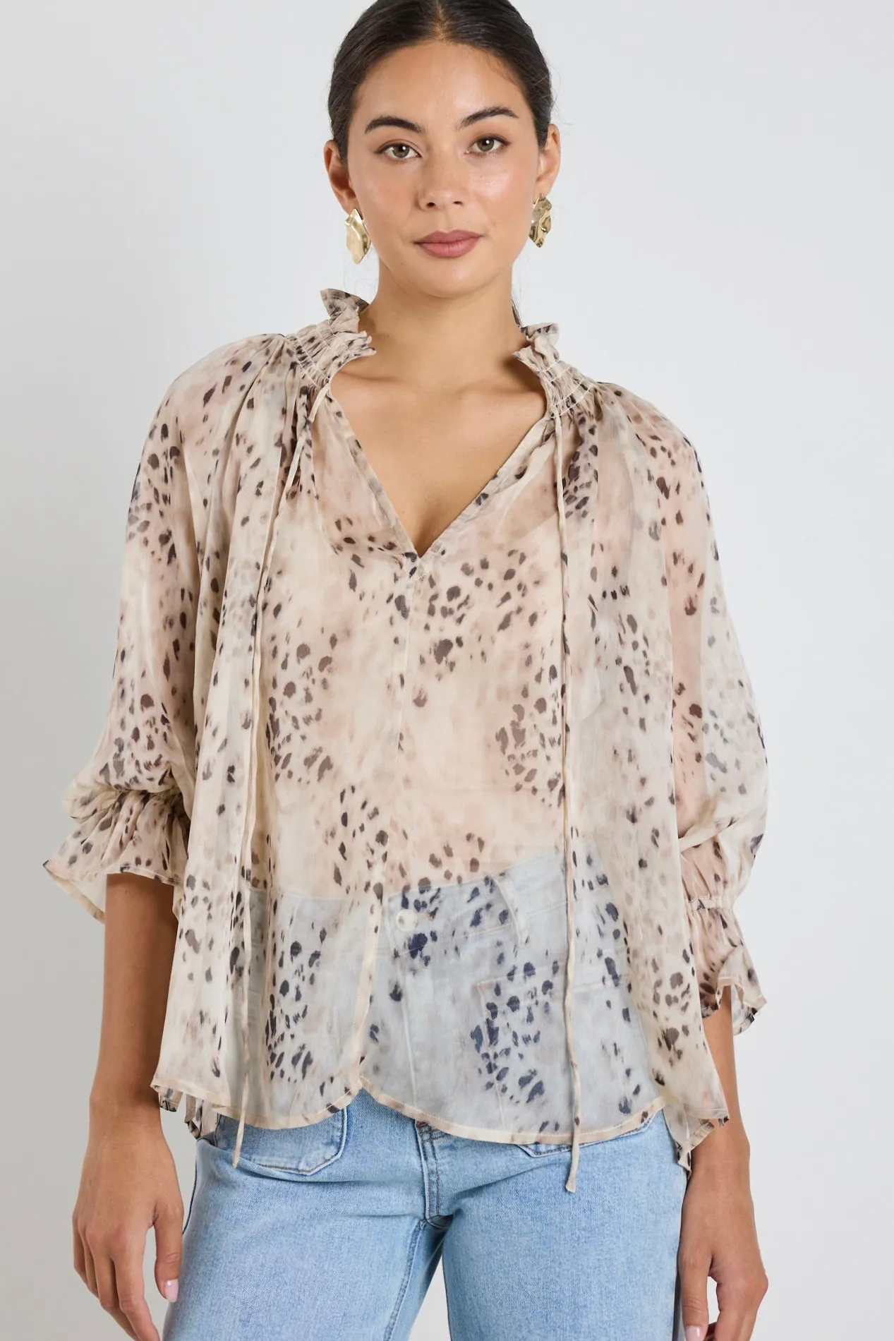 Among the Brave Odyssey Beige Leopard Georgette Shirred Neck LS Top