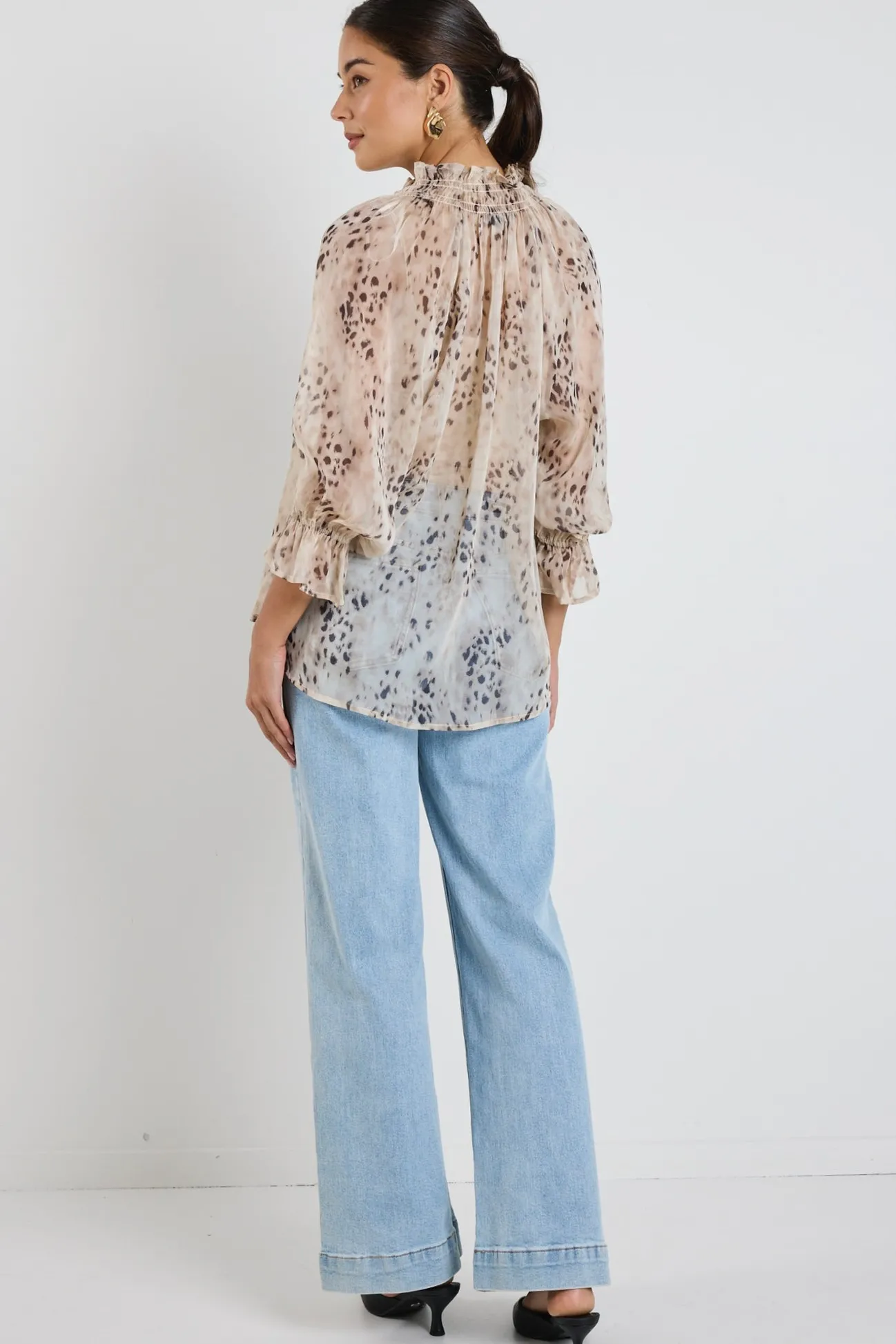 Among the Brave Odyssey Beige Leopard Georgette Shirred Neck LS Top